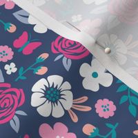 Flowers and Roses  Floral Pink on Navy Dark Blue