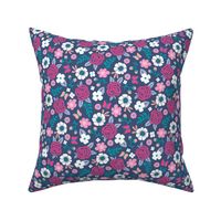 Flowers and Roses  Floral Pink on Navy Dark Blue