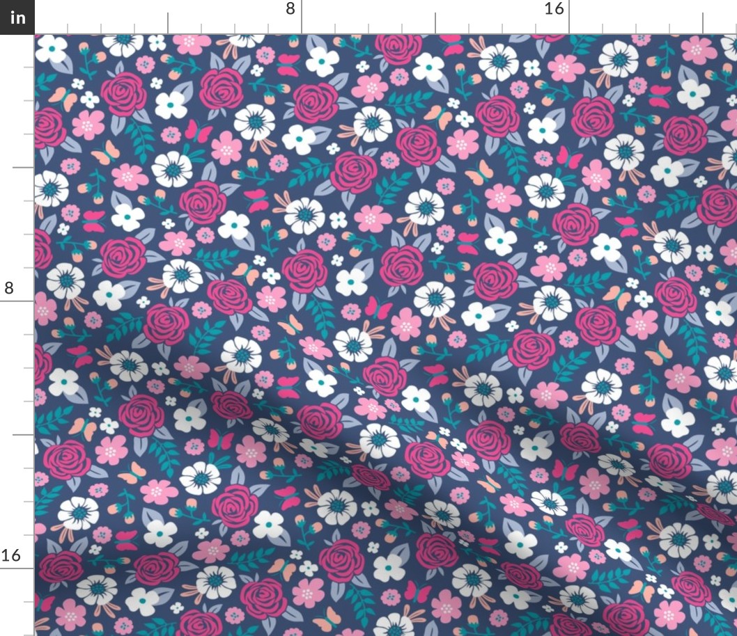 Flowers and Roses  Floral Pink on Navy Dark Blue