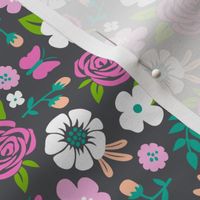 Flowers and Roses  Floral Pink on Dark grey