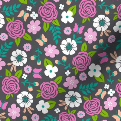 Flowers and Roses  Floral Pink on Dark grey