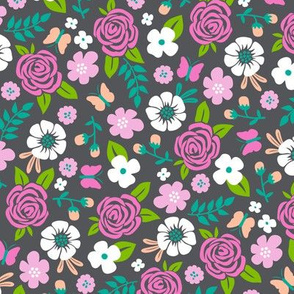 Flowers and Roses  Floral Pink on Dark grey