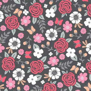 Flowers and Roses  Floral Red on Dark Grey