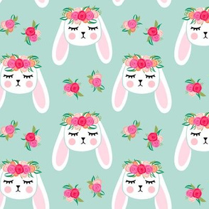 Floral Bunnies - mint - easter spring rabbit bunnies LAD19