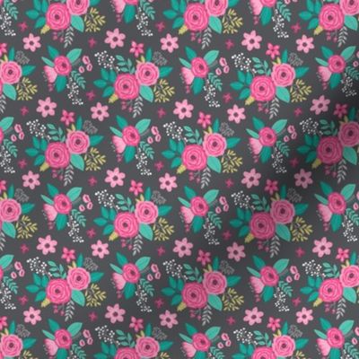 Vintage Antique Floral Flowers Pink on Dark Grey Mini Tiny Small