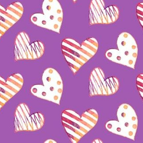  Valentines Day Cute Water Color Doodle Hearts Pinks on Purple Background - Valentines Day - Valentines Day Fabric