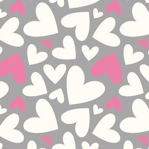 Valentines Day Cute Off White and Pink Hearts on Grey Background - Valentines Day - Valentines Day Fabric