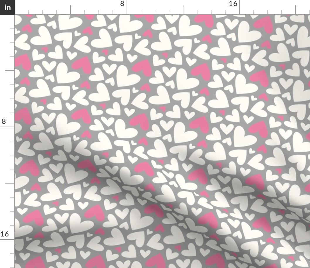 Valentines Day Cute Off White and Pink Hearts on Grey Background - Valentines Day - Valentines Day Fabric