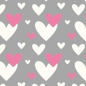 Valentines Day Off White and Pink Hearts on Grey Background - Valentines Day - Valentines Day Fabric
