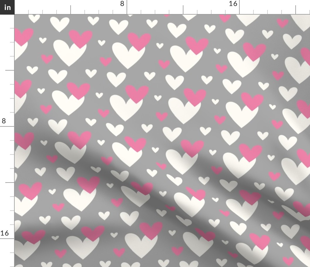 Valentines Day Off White and Pink Hearts on Grey Background - Valentines Day - Valentines Day Fabric