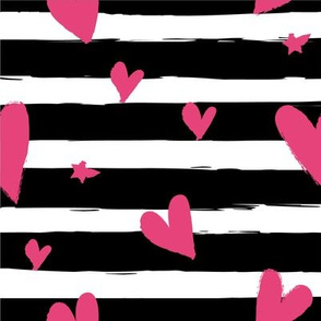 Valentines Day Pink Hearts on Black and White Striped Background - Valentines Day - Valentines Day Fabric