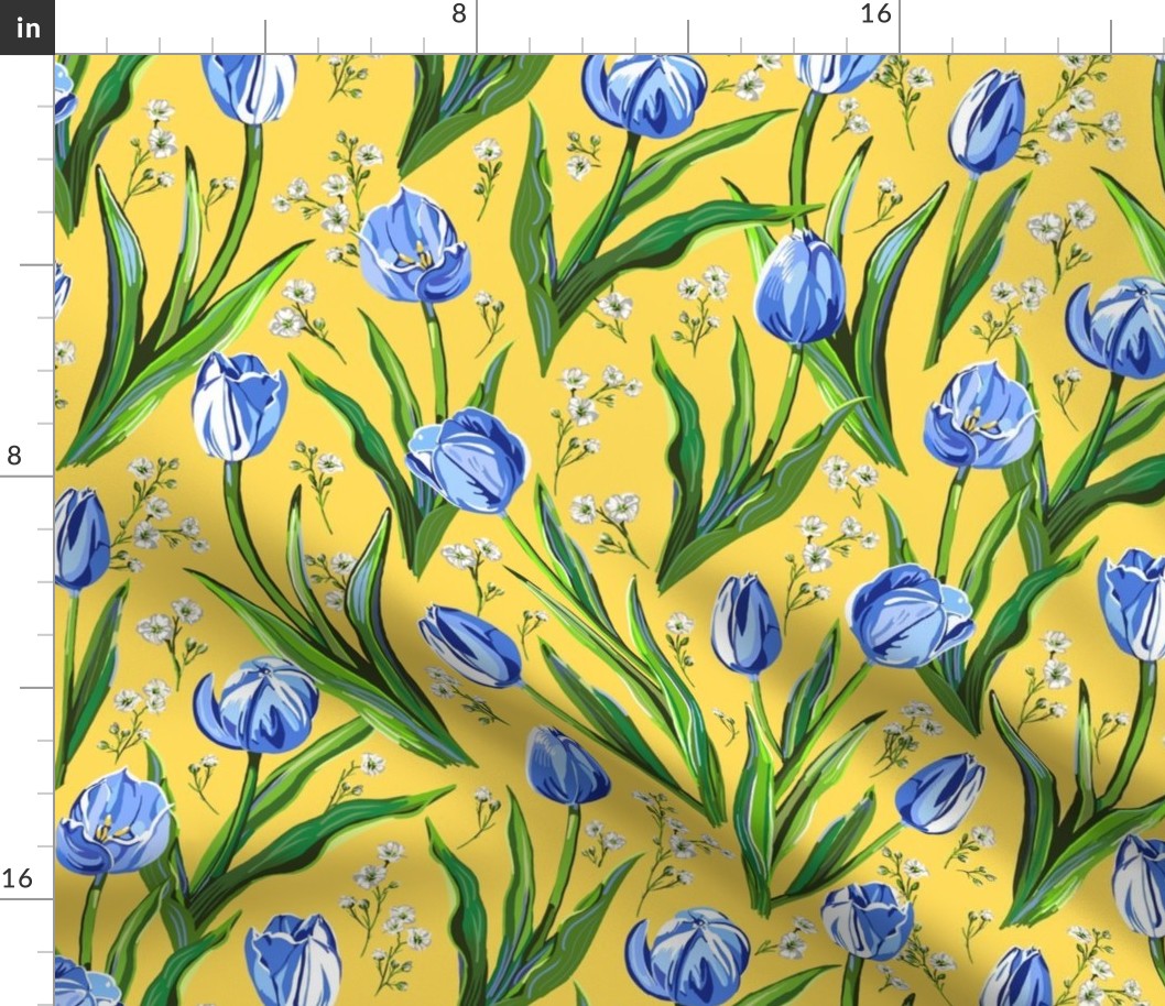 Blue Tulips + Babys Breath | Yellow