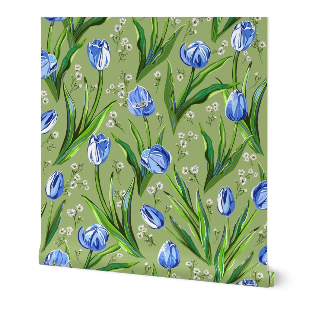Blue Tulips + Babys Breath | Celery Green