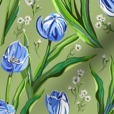 Blue Tulips + Babys Breath | Celery Green