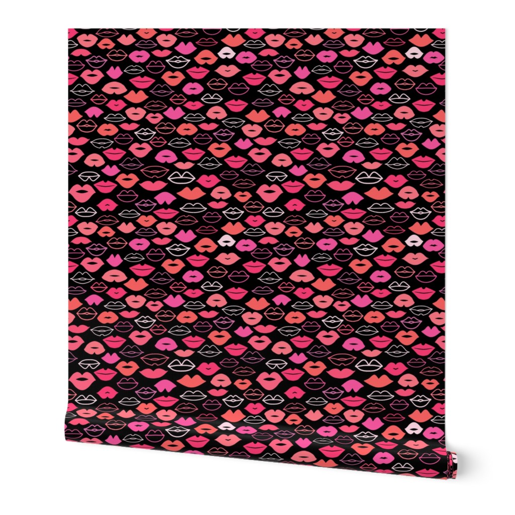 Valentines Day Doodle Lips Pink, Red, Orange, Coral on Black Background, Kisses - Valentines Day - Valentines Day Fabric