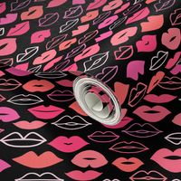 Valentines Day Doodle Lips Pink, Red, Orange, Coral on Black Background, Kisses - Valentines Day - Valentines Day Fabric