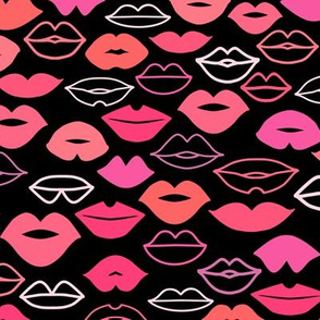 Valentines Day Doodle Lips Pink, Red, Orange, Coral on Black Background, Kisses - Valentines Day - Valentines Day Fabric