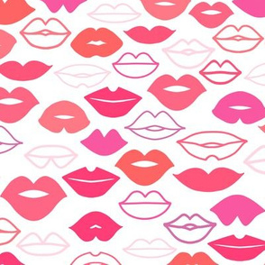 Valentines Day Doodle Lips Pink, Red, Orange, Coral on White Background, Kisses - Valentines Day - Valentines Day Fabric