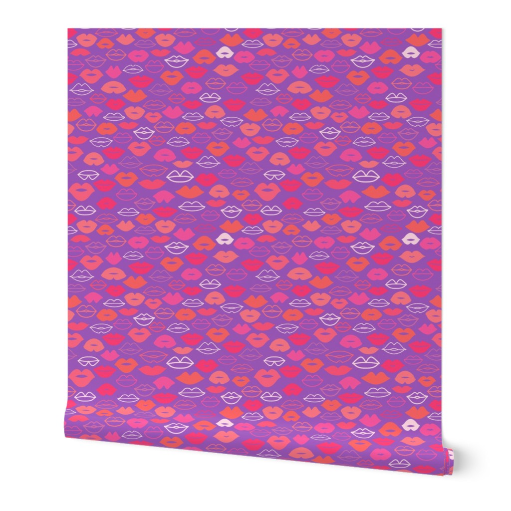 Valentines Day Doodle Lips Pink, Red, Orange, Coral on Purple Background, Kisses - Valentines Day - Valentines Day Fabric