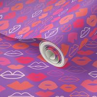 Valentines Day Doodle Lips Pink, Red, Orange, Coral on Purple Background, Kisses - Valentines Day - Valentines Day Fabric