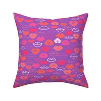 Valentines Day Doodle Lips Pink, Red, Orange, Coral on Purple Background, Kisses - Valentines Day - Valentines Day Fabric
