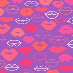 Valentines Day Doodle Lips Pink, Red, Orange, Coral on Purple Background, Kisses - Valentines Day - Valentines Day Fabric