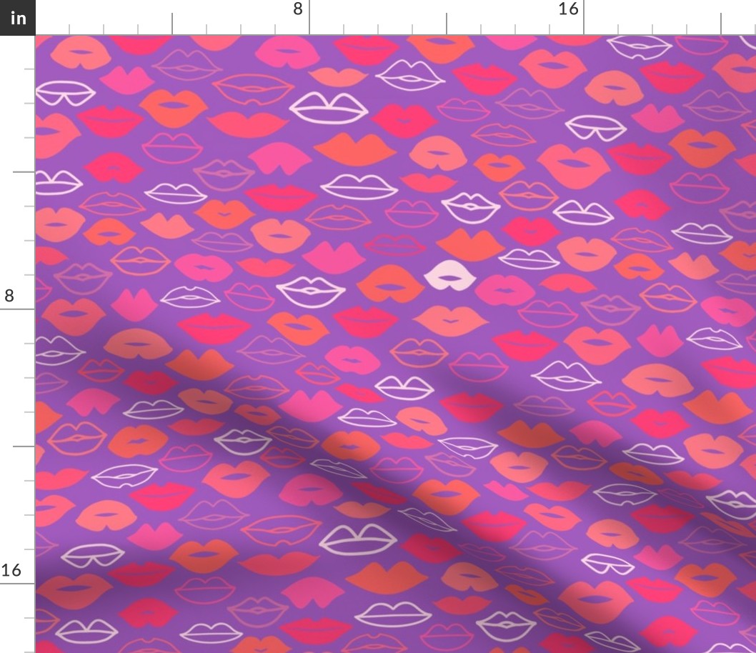 Valentines Day Doodle Lips Pink, Red, Orange, Coral on Purple Background, Kisses - Valentines Day - Valentines Day Fabric