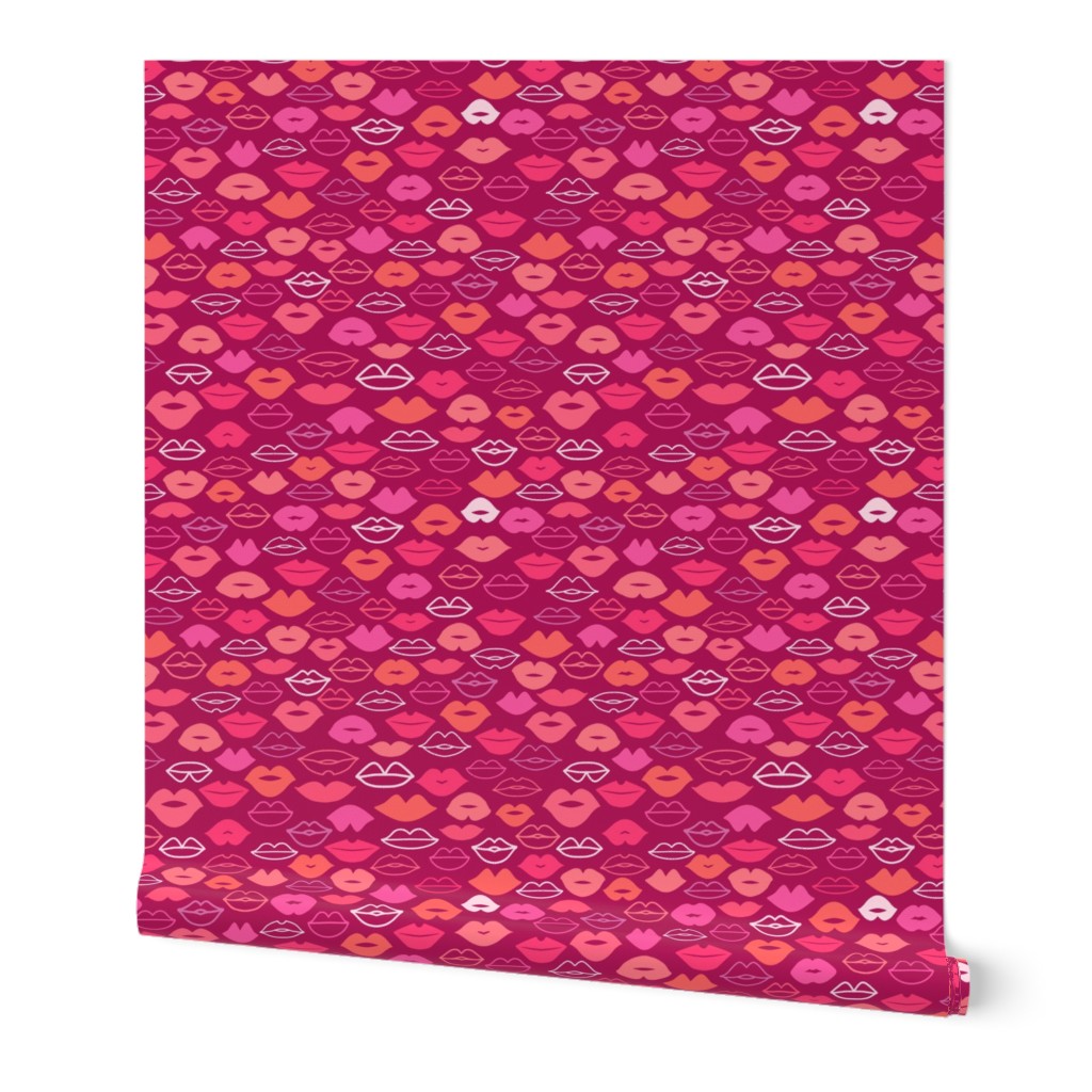 Valentines Day Doodle Lips Pink, Red, Orange, Coral on Dark Pink Background, Kisses - Valentines Day - Valentines Day Fabric