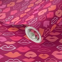 Valentines Day Doodle Lips Pink, Red, Orange, Coral on Dark Pink Background, Kisses - Valentines Day - Valentines Day Fabric