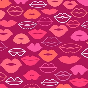 Valentines Day Doodle Lips Pink, Red, Orange, Coral on Dark Pink Background, Kisses - Valentines Day - Valentines Day Fabric