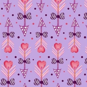 Valentines Day Doodle Watercolor Heart Arrows Pinks on Purple Background - Valentines Day - Valentines Day Fabric