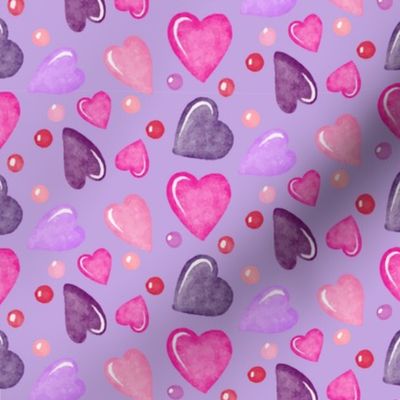 Valentines Day Doodle Watercolor Hearts Pinks Purples  on Purple Background - Valentines Day - Valentines Day Fabric