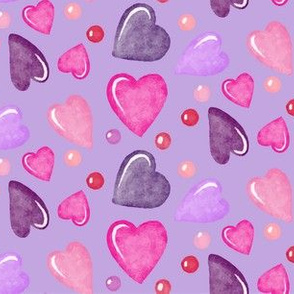 Valentines Day Doodle Watercolor Hearts Pinks Purples  on Purple Background - Valentines Day - Valentines Day Fabric