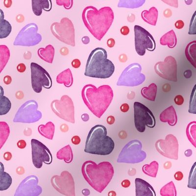 Valentines Day Doodle Watercolor Hearts Pinks Purples  on Pink Background - Valentines Day - Valentines Day Fabric