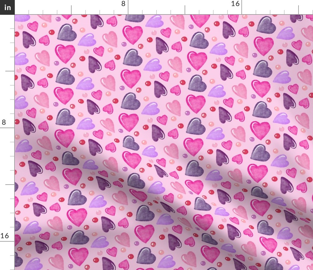 Valentines Day Doodle Watercolor Hearts Pinks Purples  on Pink Background - Valentines Day - Valentines Day Fabric