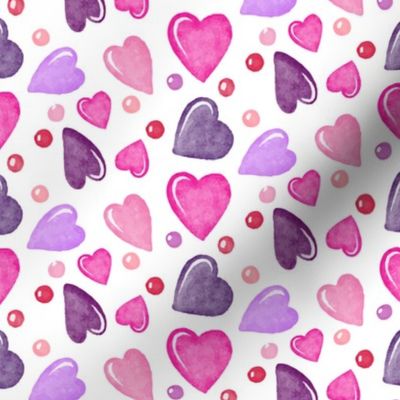 Valentines Day Doodle Watercolor Hearts Pinks Purples  on White Background - Valentines Day - Valentines Day Fabric