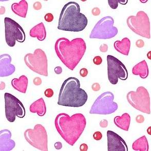 Valentines Day Doodle Watercolor Hearts Pinks Purples  on White Background - Valentines Day - Valentines Day Fabric