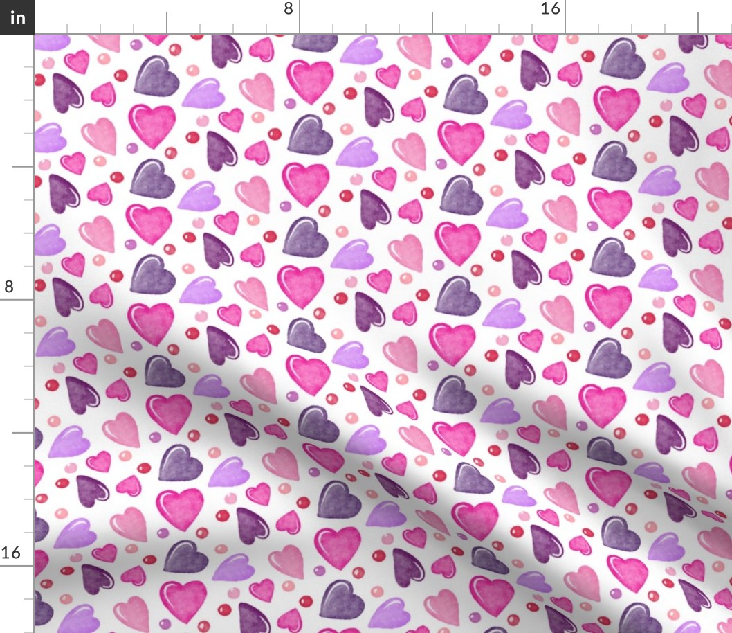 Valentines Day Doodle Watercolor Hearts Pinks Purples  on White Background - Valentines Day - Valentines Day Fabric