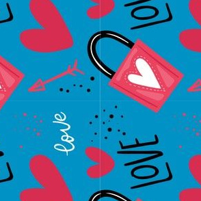 Valentines Day Cartoon Love Locks and Red Hearts on Blue Background - Valentines Day - Valentines Day Fabric