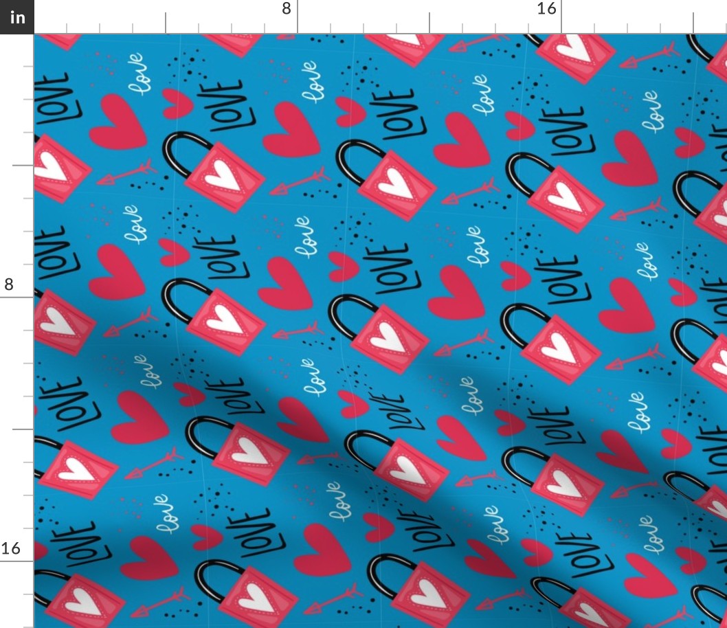 Valentines Day Cartoon Love Locks and Red Hearts on Blue Background - Valentines Day - Valentines Day Fabric