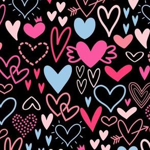 Valentines Day Heart Doodles Red, Pink, Dark Pink, Dark Red on Black Background - Valentines Day - Valentines Day Fabric