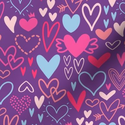 Valentines Day Heart Doodles Red, Pink, Dark Pink, Dark Red on Dark Purple Background - Valentines Day - Valentines Day Fabric