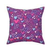 Valentines Day Heart Doodles Red, Pink, Dark Pink, Dark Red on Dark Purple Background - Valentines Day - Valentines Day Fabric