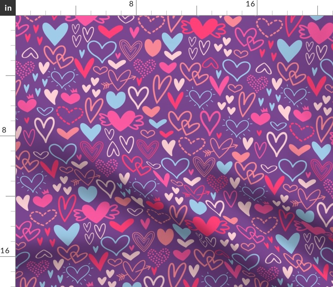 Valentines Day Heart Doodles Red, Pink, Dark Pink, Dark Red on Dark Purple Background - Valentines Day - Valentines Day Fabric