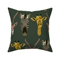 Trio of friends, zebra, giraffe, gazelle in forest green