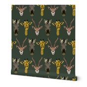 Trio of friends, zebra, giraffe, gazelle in forest green