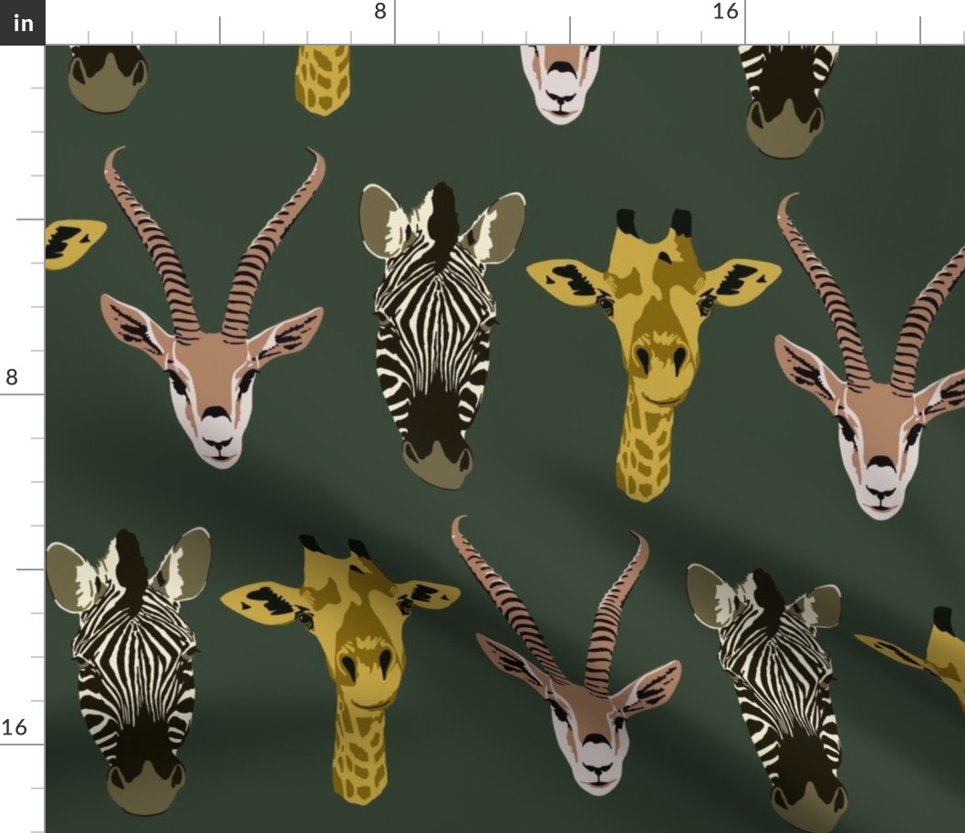 Trio of friends, zebra, giraffe, gazelle in forest green