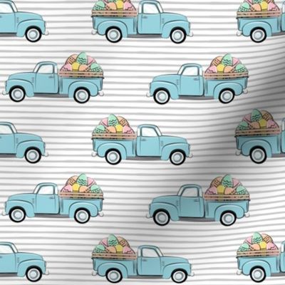 pastel vintage trucks with Easter eggs - Easter Fabric - grey stripes LAD19