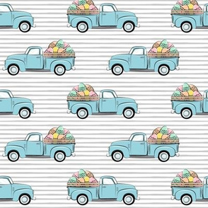 pastel vintage trucks with Easter eggs - Easter Fabric - grey stripes LAD19