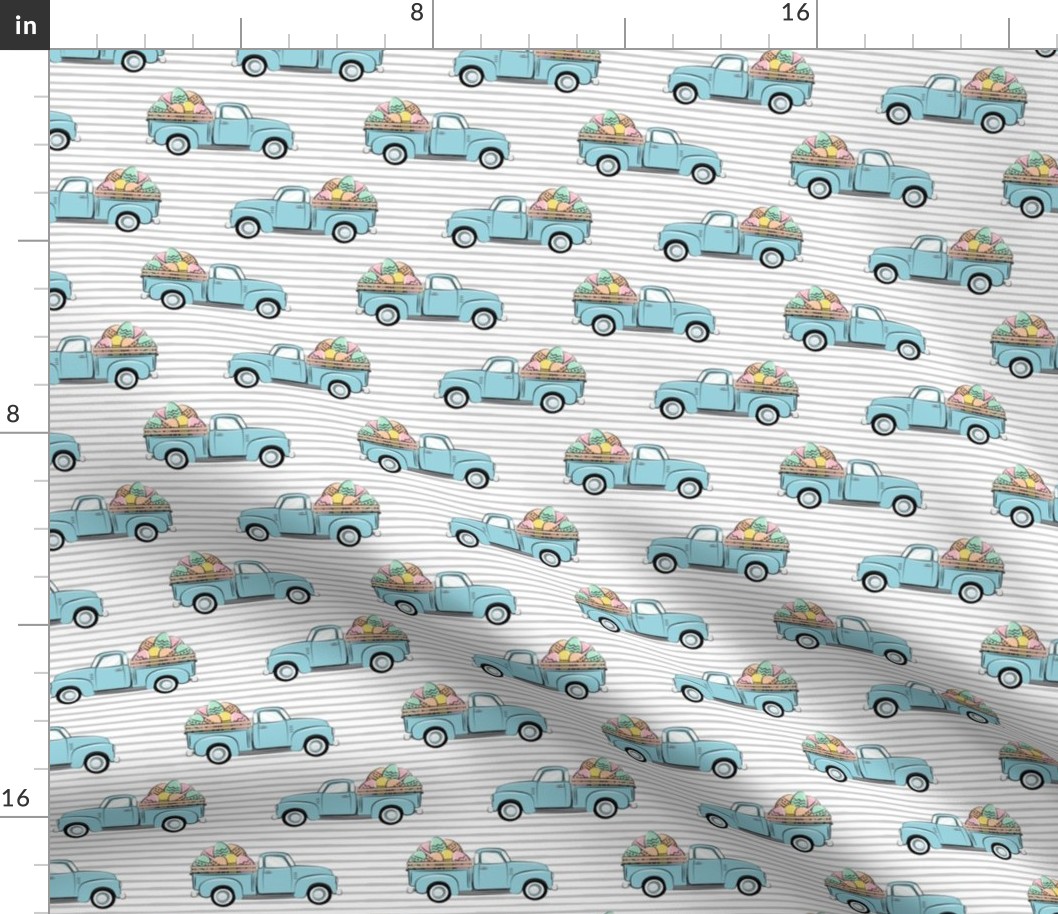 pastel vintage trucks with Easter eggs - Easter Fabric - grey stripes LAD19